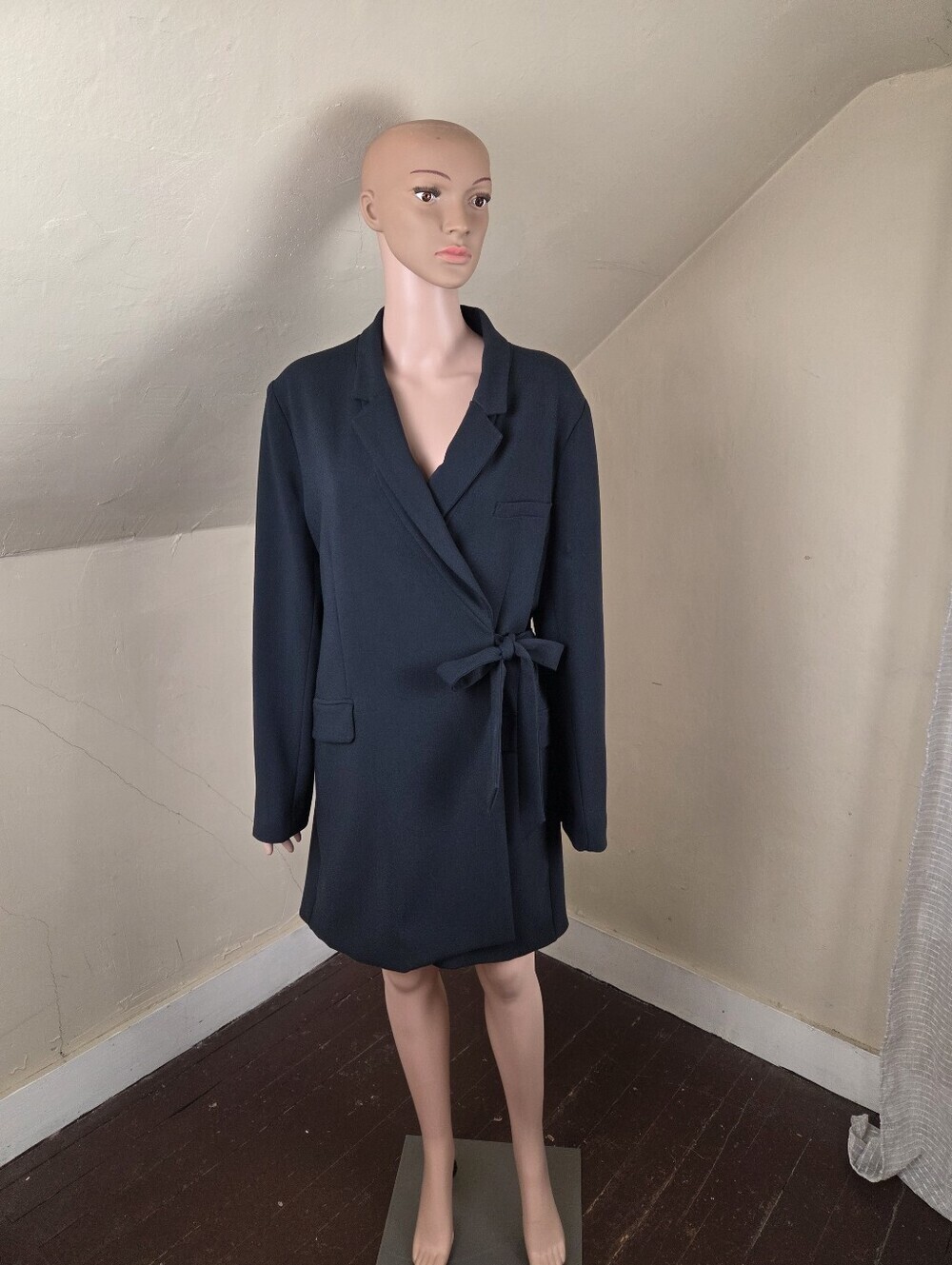 Anthropologie Tie-Waist‎ Blazer Mini Dress Open Back Navy Blue Size 14 EU 46
